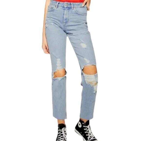2/$30 Topshop Straight Leg Jeans High Rise Ankle Crop Distressed Light W26 #9242 - Picture 1 of 9